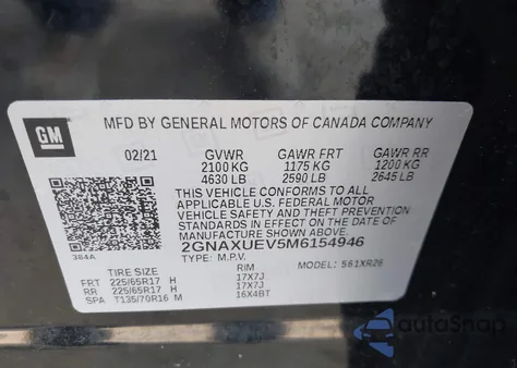 2021 Chevrolet Equinox Awd Lt z USA, uszkodzony, nr VIN 2GNAXUEV5M6154946